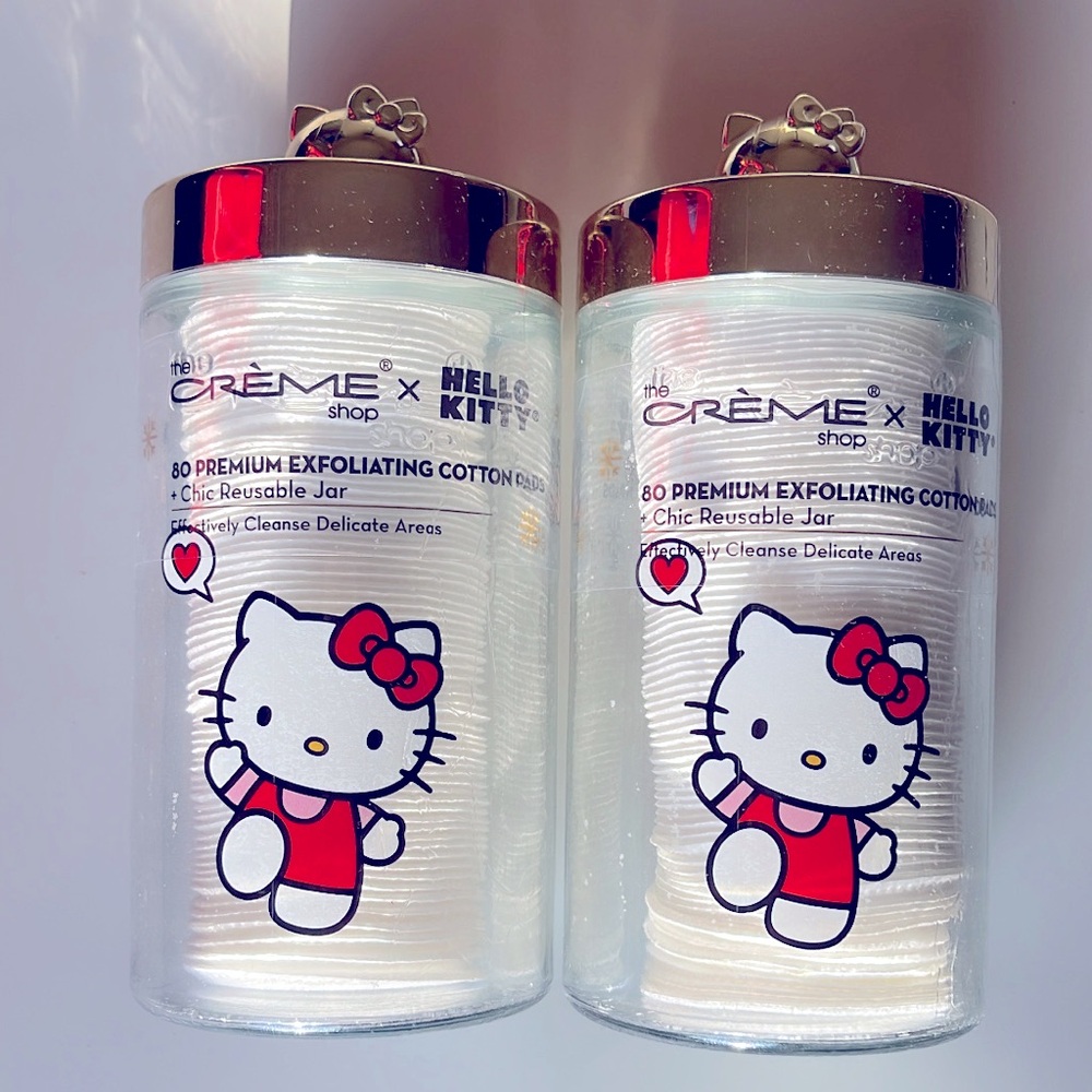 The Creme Shop x Hello Kitty 80 Premium Exfoliating Cotton Pads in glass jar.
